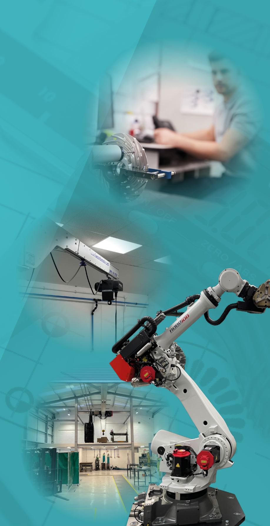 Photos from the three factories: an engineer at a CNC machine, an overhead crane in the assembly area, and a robot arm in front of the new sheet metal unit