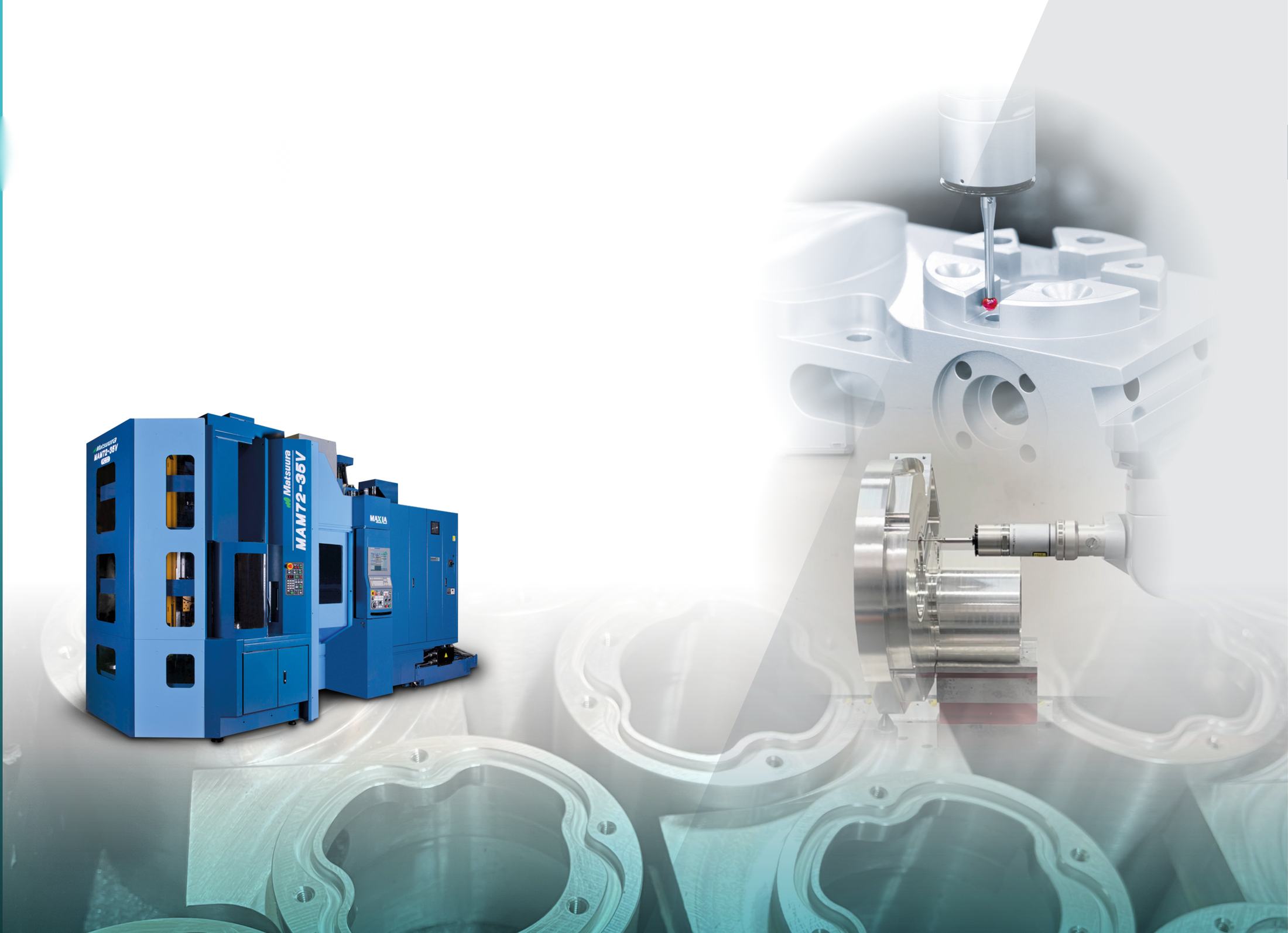 A blue Matsuura 5-axis CNC machining centre, a coordinate-measuring machine probing a part, and rows of machined castings