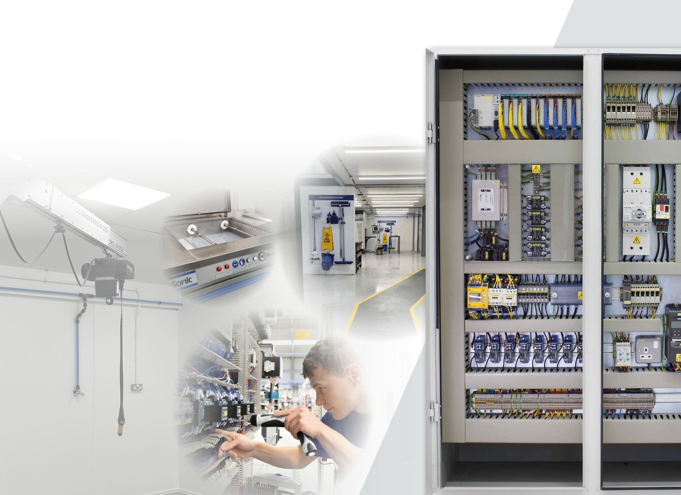 Inside the assembly factory: an overhead hoist, ultrasonic cleaning tanks, the clean room, an engineer wiring a panel, and a large open electrical control cabinet