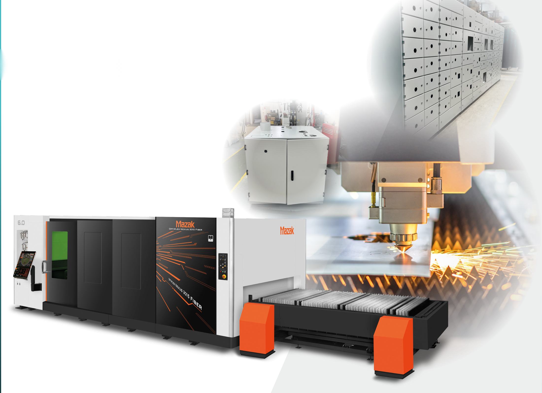A Mazak fibre laser cutting machine with orange pallet changers, a laser head throwing sparks, and fabricated steel enclosures