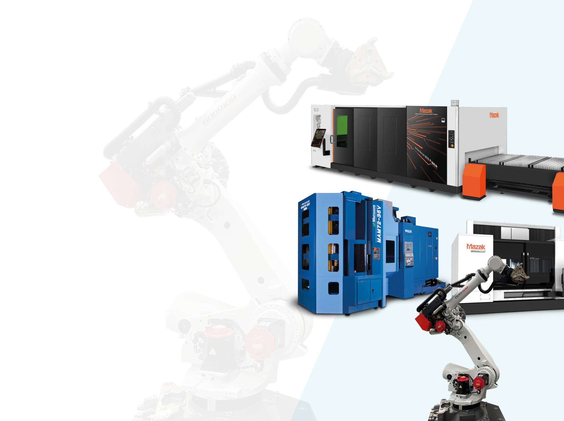 Mazak laser cutter, a blue Matsuura machining centre, a Mazak lathe and a robot arm, with a large robot arm faded into the background