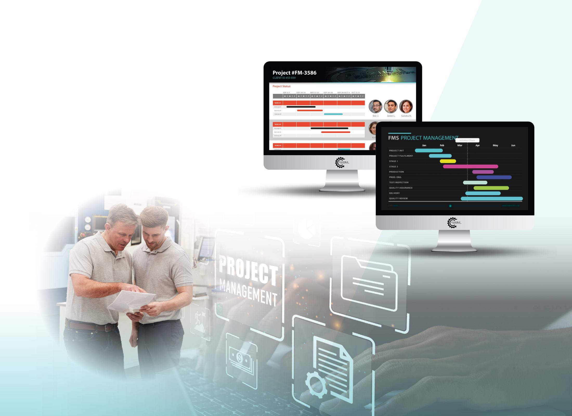 Two project managers reviewing a document beside screens showing FMS project plans and Gantt charts