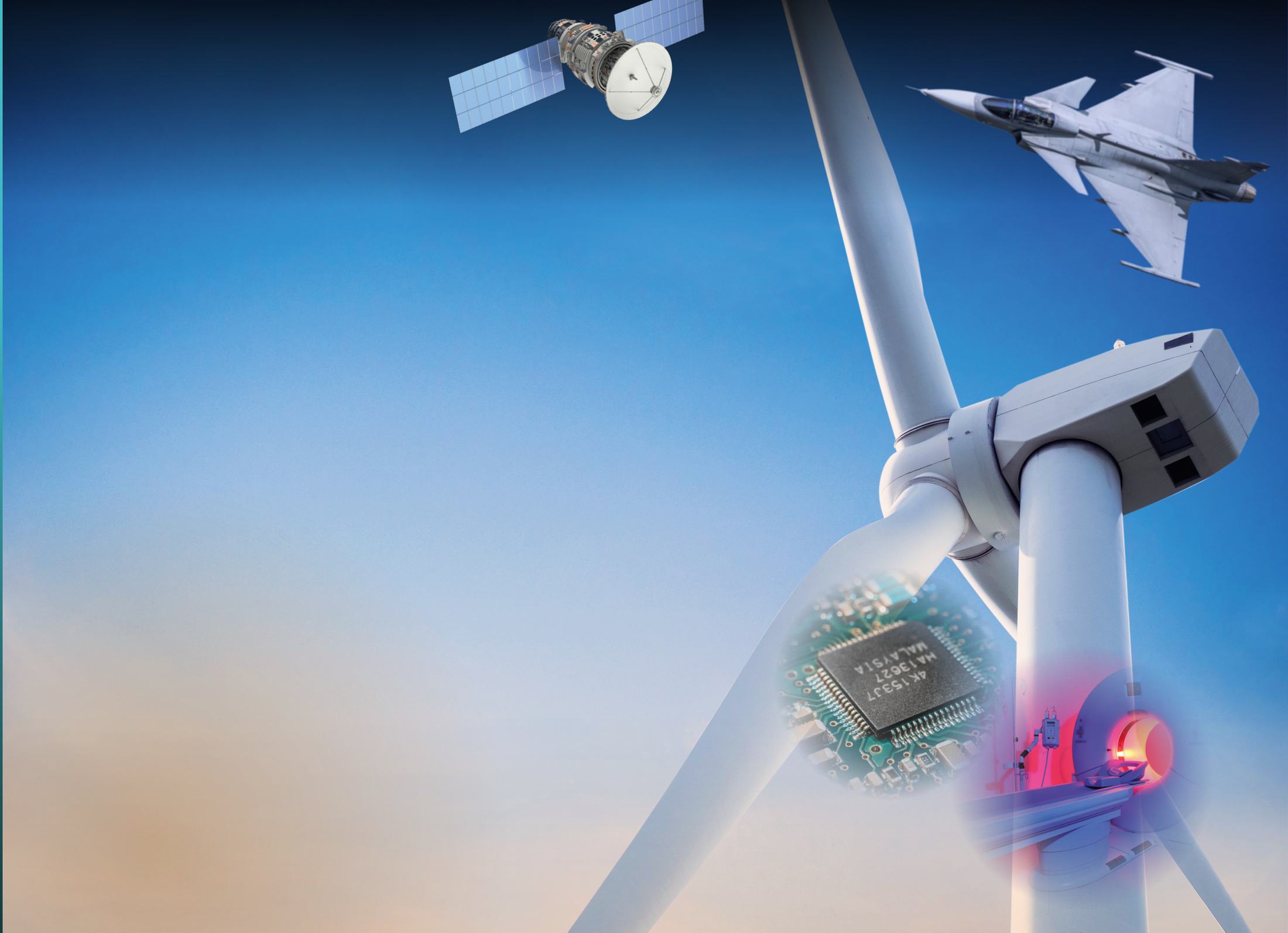 A wind turbine, a fighter jet, a satellite and a circuit board against a blue sky